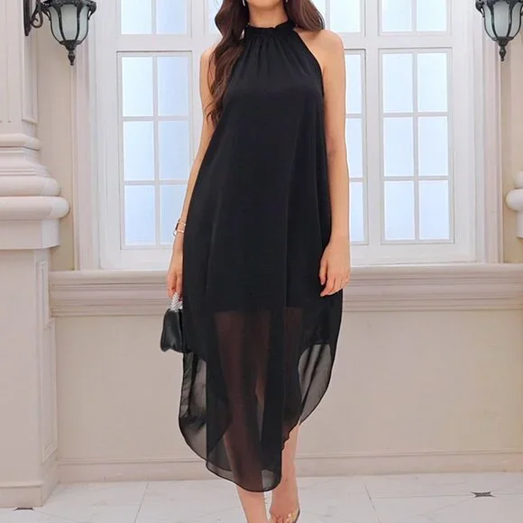Elegant Halter Formal Dress Asymmetrical Flowy Sleeveless Wedding Guest Attire Elegant Halter Formal Dress Asymmetrical Flowy Sleeveless Wedding Guest Attire